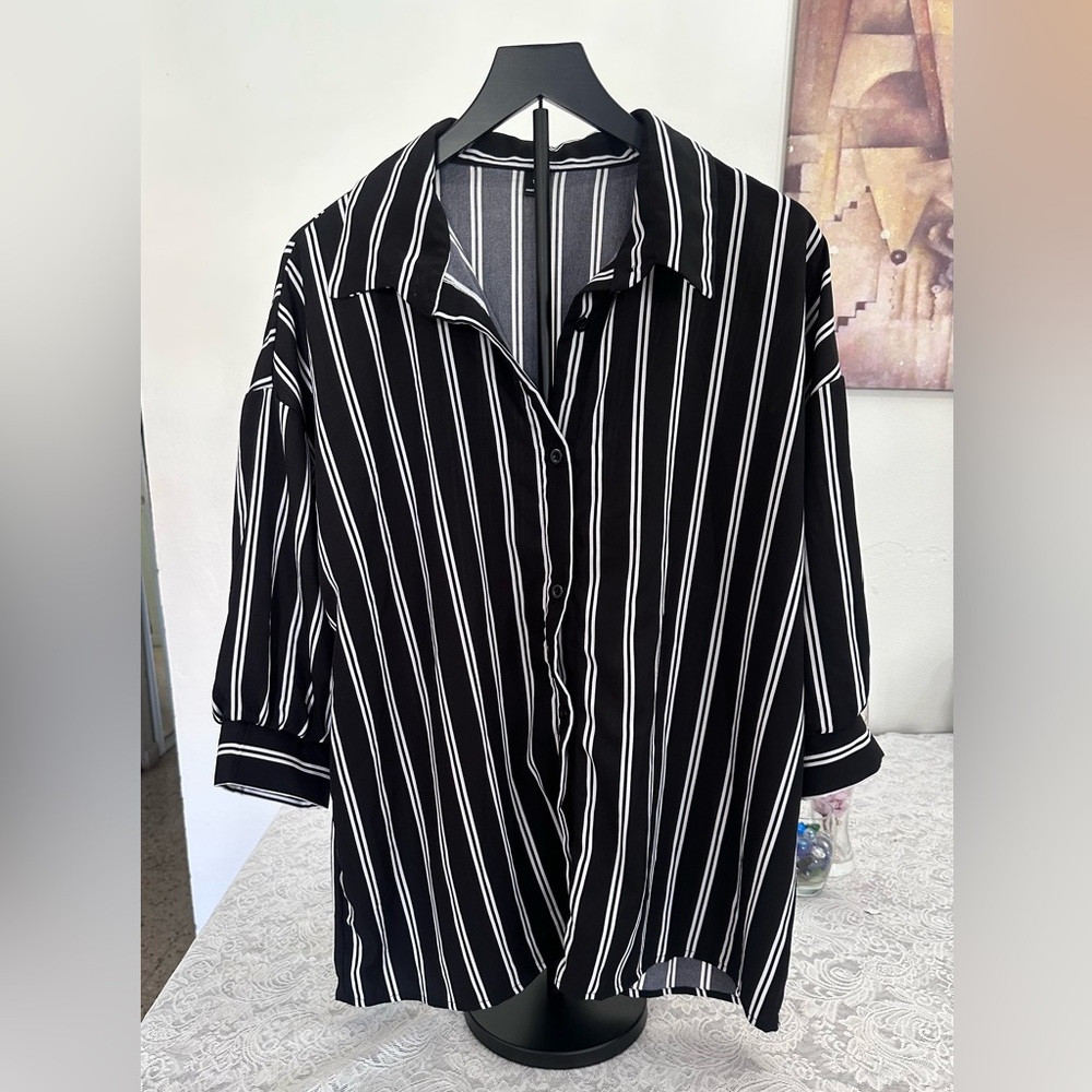 Shein 1XL Black White Striped Button Down Blouse